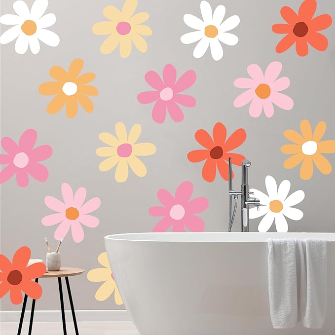 TaoBary 12 Sheet Daisy Wall Sticker Decal Removable Cute Daisy Bedroom Room Decor Flower Wall Sticker Pink White Flower Decal Wallpaper Peel and Stick for Nursery Home(Bright Color,Minimalist Style)