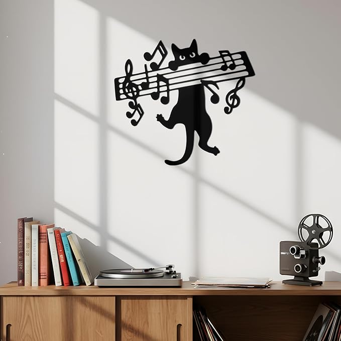 Otoolling Cat Playing Music Wall Decor Metal Black Cat Wall Art Hanging Signs Home Decor for Living Room Bedroom Bathroom Office Cats Lover Gifts(Cute,9.4 x 11.4 in)