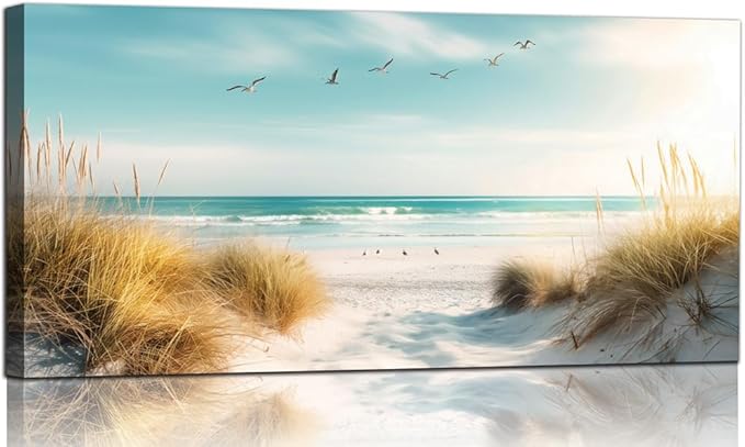 Beach Canvas Wall Art Decor Large Ocean Pictures Prints for Living Room Coastal Path Painting Seascape Artwork Beach Reeds Landscape for Bedroom Bathroom Home Office Decorations(24"×48")