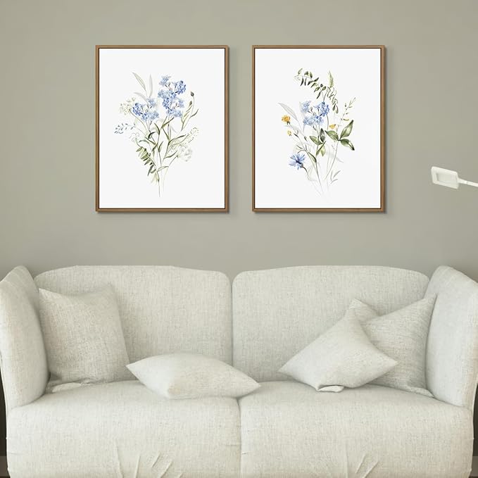 Watercolor Floral Wall Art Blue Yellow Flower Canvas Art Pints Nature Botanical Plants Painting Minimalist Wall Decor Stretched and Framed for Bedroom Bathroom Home Office Decoration - 11"x14"x2Pcs