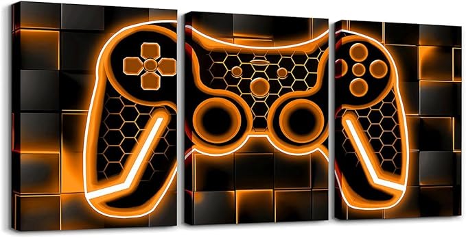 Feelyou Gamer Canvas Wall Art - 3 Piece Orange & Black Picture Decor, 12"x16", Gaming & Office Wall Artwork Posters