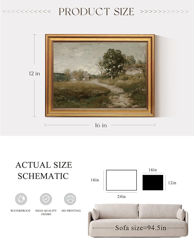 ARPEOTCY Gold Framed Canvas Wall Art, 12x16inch, Country Road Landscape Art Prints, Retro Vintage Decor for Kitchen Bedroom Living Room Shelf, Rustic Earthy Moody Decor,Small