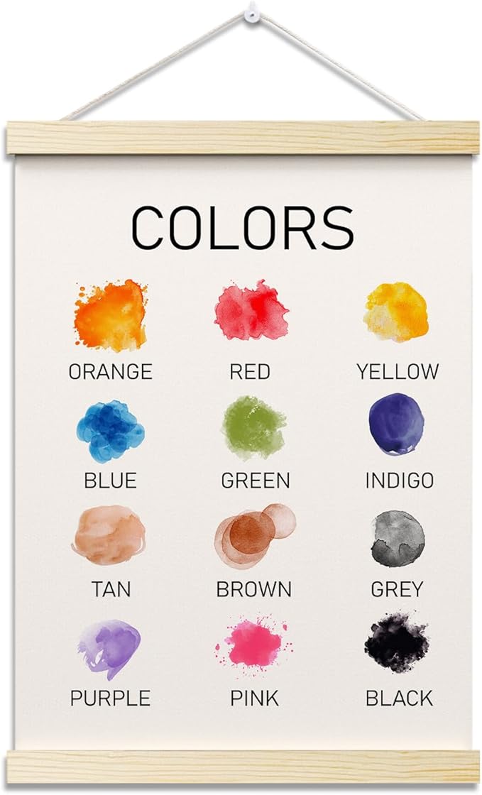 Colors Posters Hanger Frame for Classroom Learning Hanging Poster for Classroom Nursery Decor Educational Wall Art Decor for Preschool Kids Room Playroom Canvas Wall Art Print 16x12 Inches - YY059
