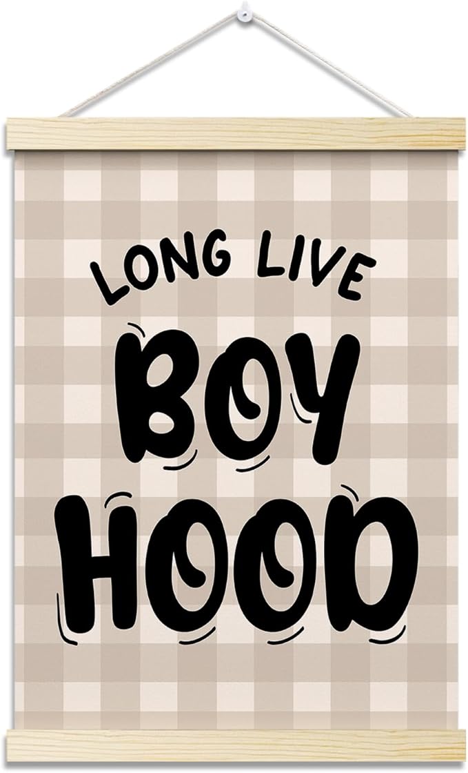 Long Live Boyhood Posters Hanger Frame for Boys Room Checkered Hanging Poster for Bedroom Kids Room Classroom Decor Wall Art Decor for Nursery Playroom Canvas Wall Art Print 16x12 Inches - YY043