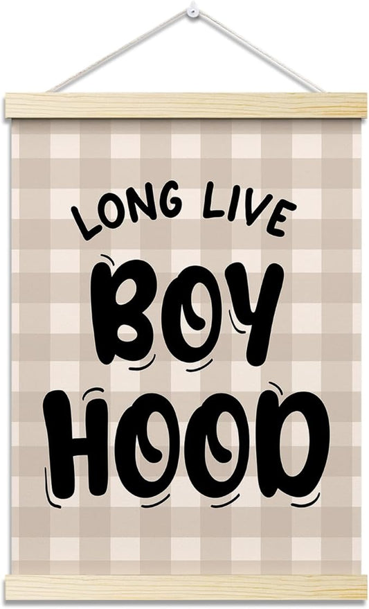 Long Live Boyhood Posters Hanger Frame for Boys Room Checkered Hanging Poster for Bedroom Kids Room Classroom Decor Wall Art Decor for Nursery Playroom Canvas Wall Art Print 16x12 Inches - YY043