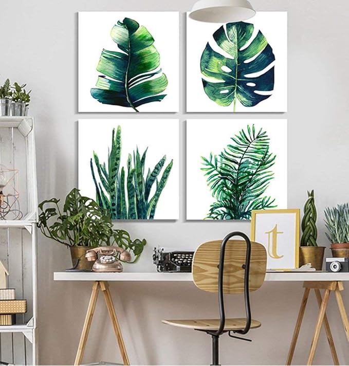 YOOOAHU Green Leaf Wall Art Room Decor Bathroom Bedroom Home Decoration Watercolor Painting Pictures Framed Canvas Prints Boho Tropical Plant Leaves Monstera Botanical White Set of 4 Pcs 20 × 20 Inch