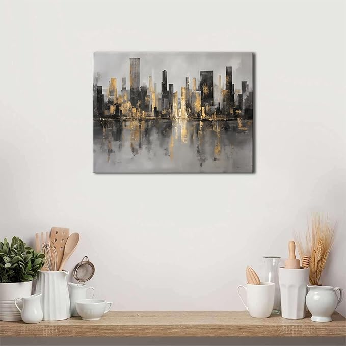 Abstract New York City Wall Art NYC Skyline Wall Decor for Living Room Black and Gold Cityscape Canvas Prints Morden Minimalist Aesthetic Posters Artwork for Bedroom Office Home Decorations 12x16”