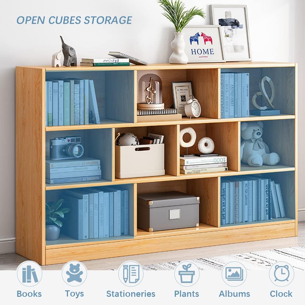 IOTXY Open Shelf Low Bookcase - Wooden 3-Tier Floor Standing Display Cabinet Organizer with Base, 8 Cubes Short Horizontal Bookshelf in Pear Yellow