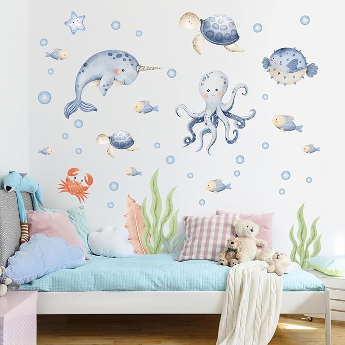 Under The Sea Whales Wall Decal Stickers，Wall Sticker for Children's Room Underwater World,Ocean Watercolor Wall Sticker ，oastal Ocean Hippocampus Octopus Turtle Fish Nursery Decoration.