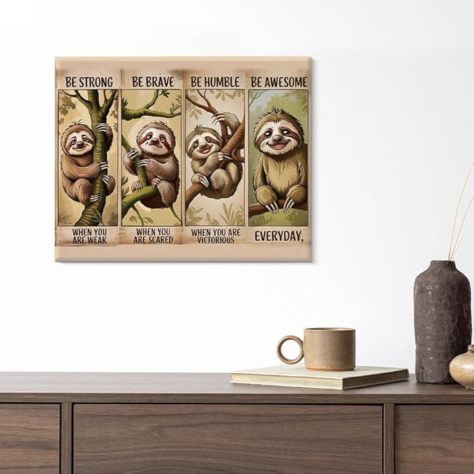 Inspirational Sloth Canvas Wall Art Cute Sloth Motivational Print Poster Animal Artwork Framed Painting for Home Living Room Bedroom Wall Decor 8x10 Inch