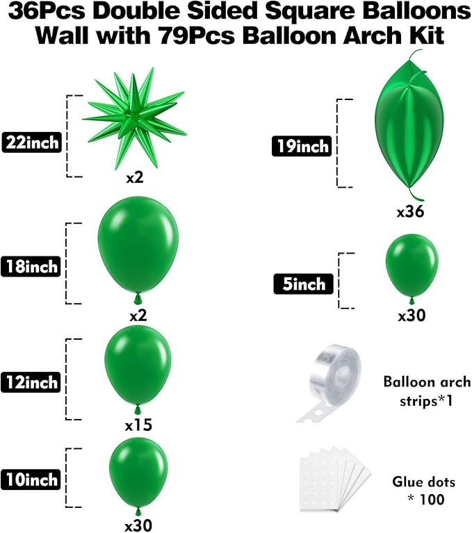 36pcs Green Square Foil Balloons Wall Backdrop with 79pcs Balloon Garland Arch Kit, Double Sided Balloon for Birthday Baby Shower Bridal Shower Anniversary New Year Graduation Decorations