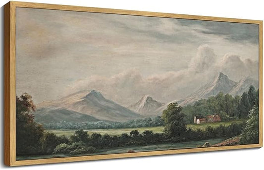 SHENIFY 20x40in Extra Large Vintage Framed Wall Art Country Village Landscape Painting Retro Mountain Meadow Scenery Farmhouse Bedroom Above of Bed Living Room Decor - Natural Framed