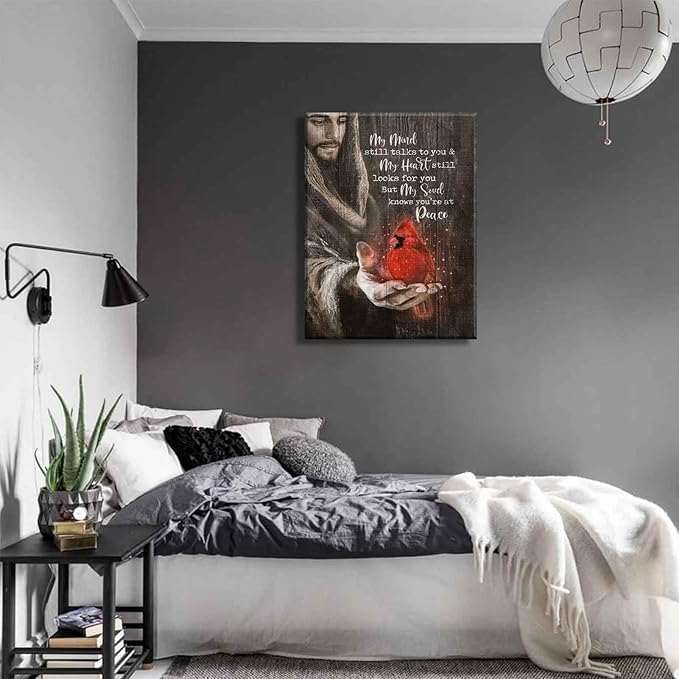 Jesus Cardinal Canvas Wall Art God Christian Decor Red Birds Cardinal Pictures Wall Decor Dining Room Bedroom Office Church Prayer Room Poster Prints Painting Artwork Home Decorate
