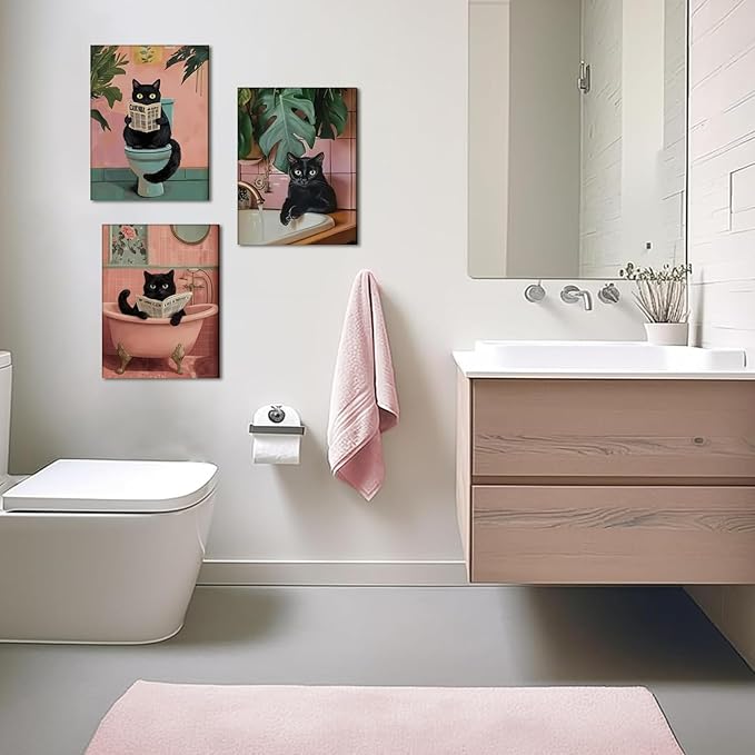 Funny Pink Bathroom Cat Wall Art Painting Set of 3 Maximalist Cute Black Cat Bathroom Wall Decor, Eclectic Animal Restroom Poster Canvas Prints Pictures 12x16 inch Framed