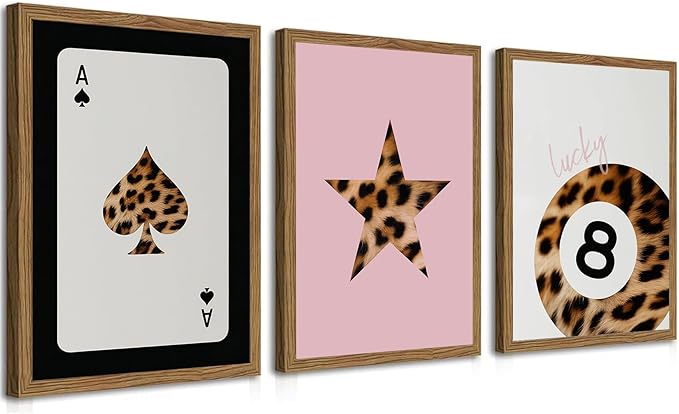 Pink and Black Leopard Wall Art, Lucky Girl 8 Ball Wall Decor Set of 3 Cheetah Lucky Star Poster Canvas Prints, Coquette Modern Teen Pictures for Bedroom Living Room 12x16 inch Framed