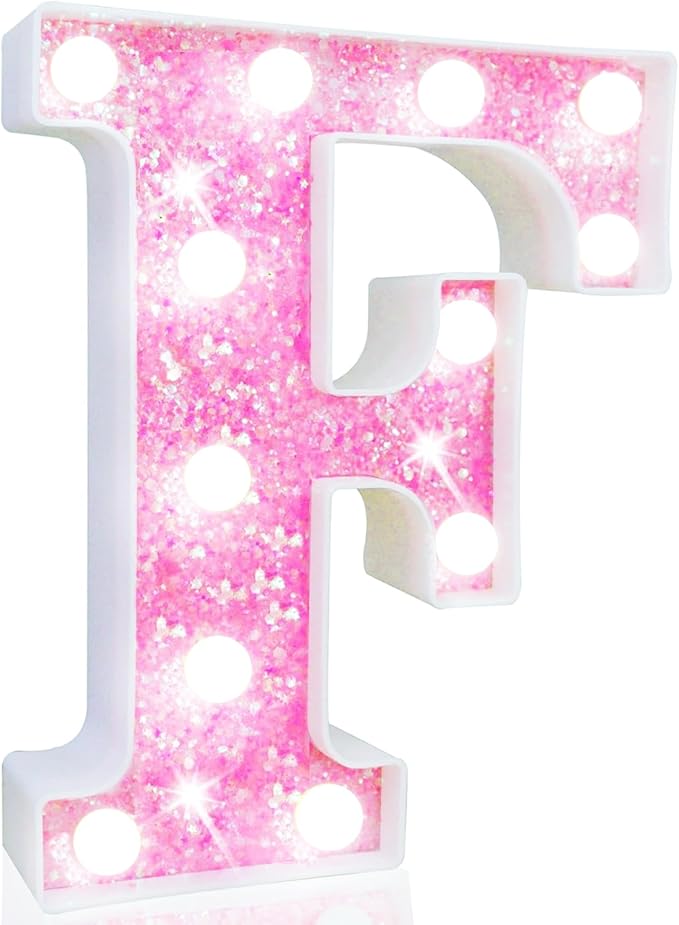Pooqla LED Marquee Letter Lights, Light Up Letters Glitter Letter Sign Girls Gift, Battery Powered Night Light Pink Birthday Party Room Wedding Christmas Girls Bedroom Dorm Decoration, Cool White F