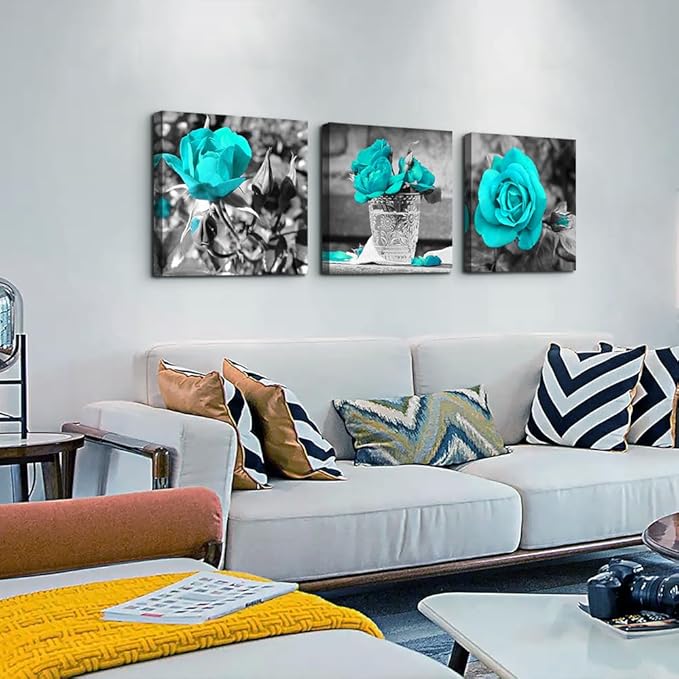 DZRWUBHS Large Canvas Wall Art For Bedroom 3 Piece Wall Decor For Living Room Black And White Paintings Flowers Pictures Blue Rose Canvas Prints Ready To Hang Room For Girls Home Decoration 16x16in