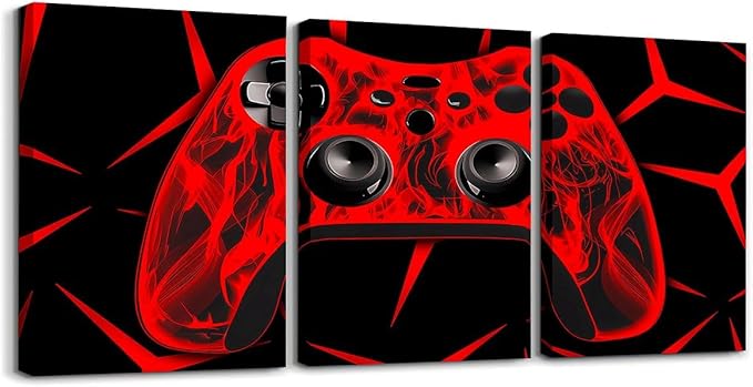 Feelyou Gamer Bathroom Wall Art for Home Decor Gamepad Canvas Wall Art for Bedroom Girls TeensGaming Gifts Office Wall Artwork Posters 12" x 16" 3 Piece Game Controller Red Wall Painting