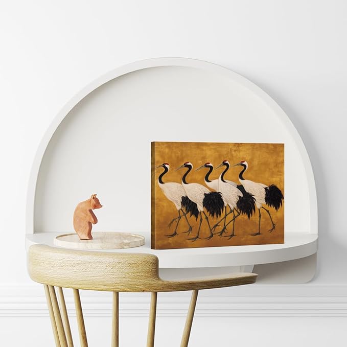 Vintage Crane Canvas Wall Art Print Japanese Cranes Picture Painting Artwork Aesthetic Wall Decor for Home Living Room Bedroom 8x10 Framed