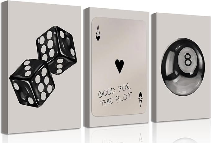 3Pcs Black and White Poker Dice Canvas Wall Art Funky Retro Y2K Trendy Preppy Pictures Lucky 8 Ball Poster Prints Artwork Painting for Game Room Apartment Dorm Aesthetic Decor 12x16in