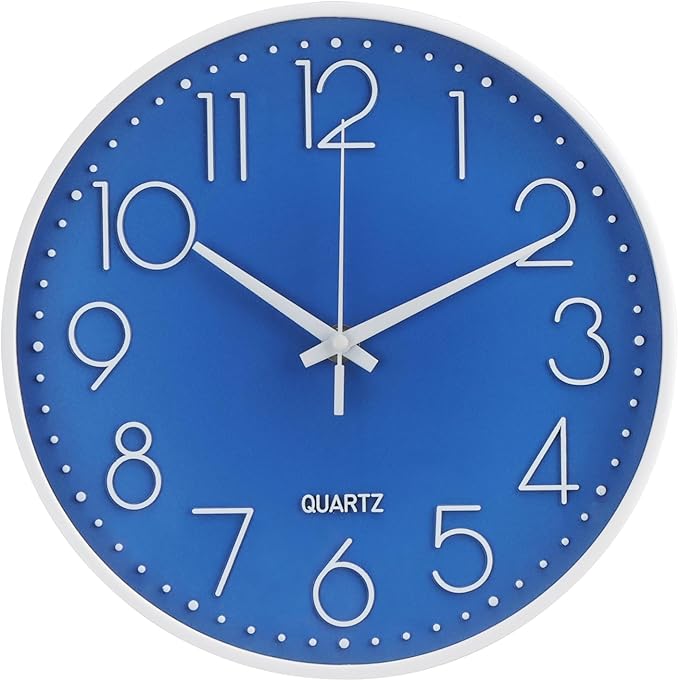 Wall Clock Non-Ticking Silent Modern Simple Style Round Decor Clock Stereoscopic Dial Quartz Wall Clocks for Home/Office/School/Living Room/Bedroom/Kitchen (Dark Blue, 12inch)