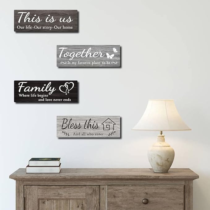 4 PCS Home Wall Decor Signs, Rustic Wooden Living Room Hanging Decorations with Quotes THIS IS US/TOGETHER/BLESS THIS/FAMILY, Housewarming Gifts for Wedding Kitchen