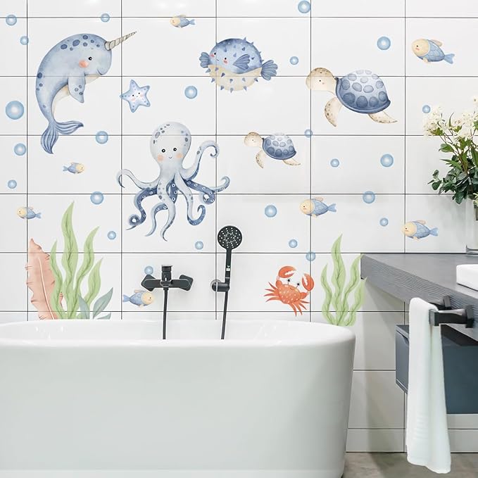 Under The Sea Whales Wall Decal Stickers，Wall Sticker for Children's Room Underwater World,Ocean Watercolor Wall Sticker ，oastal Ocean Hippocampus Octopus Turtle Fish Nursery Decoration.