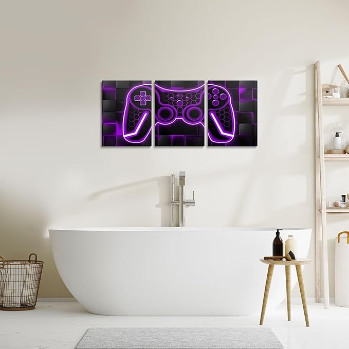 Feelyou Gamer Canvas Wall Art for Living Room 12"x16" 3 Piece Purple and Black Picture Wall Decor Gaming Ombre Office Wall Decorations Artwork Posters Geometric Square Wall Painting