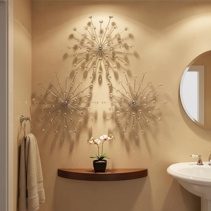 ZEXUIRU 3 Pack Silver Sunburst Wall Decor – Metal Crystal Wall Art with Sparkling Rhinestones, 14’’/18 Inch Starburst Wall Hanging Set for Living Room Bedroom Bathroom – Modern Bling Home Decorations