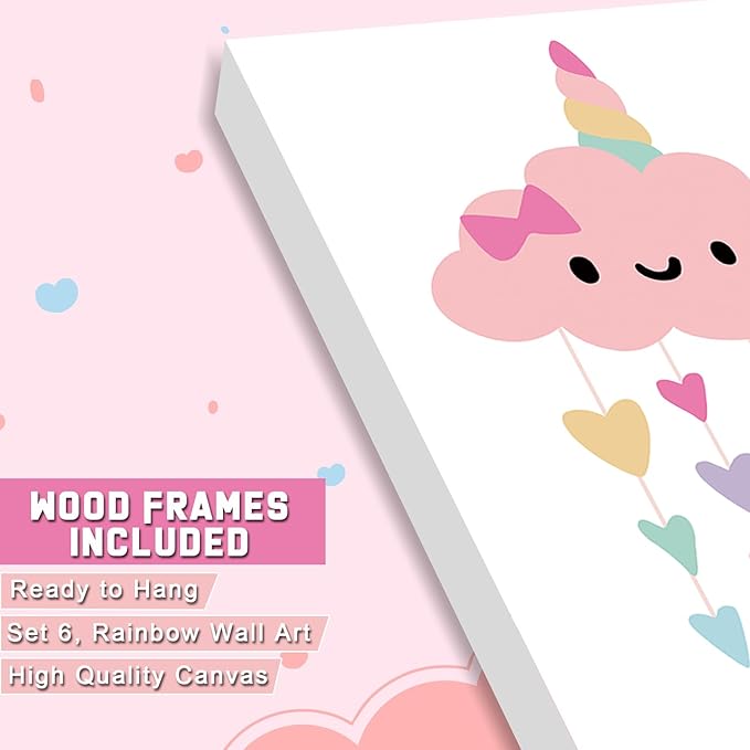 FRAMED Rainbow Wall Decor for Girls Bedroom, Canvas Rainbow Wall Art, Colorful Wall Decor Prints for Nursery Toddler Girls Room Decor (Set of 6, 8x10 Inch, Framed)