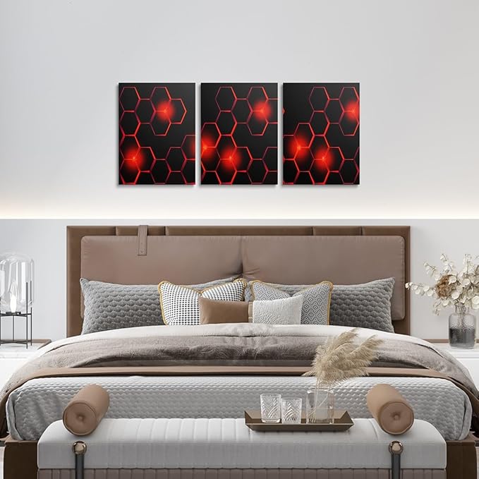 Feelyou Kids Honeycomb Canvas Wall Art 3 Piece 12" x 16" Ice Sports Games Picture Wall Decor Geometrical Office Wall Decorations Artwork Posters Beehive Geometric Black Red Wall Painting