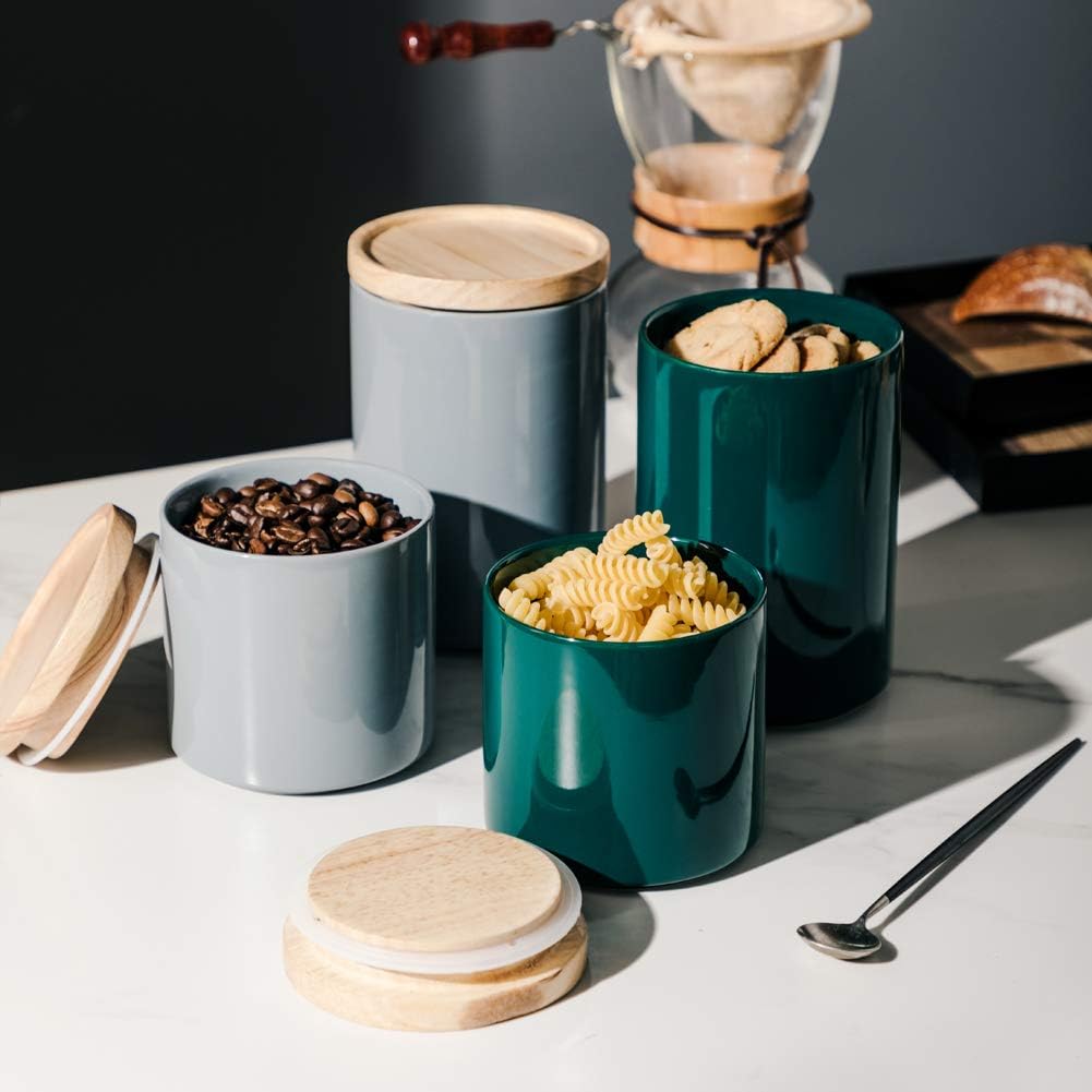 Sweejar Kitchen Canisters Ceramic Food Storage Jar, Stackable Containers with Airtight Seal Wooden Lid for Serving Ground Coffee, Tea, Sugar, Salt and More - 16 Fl Oz (Jade)