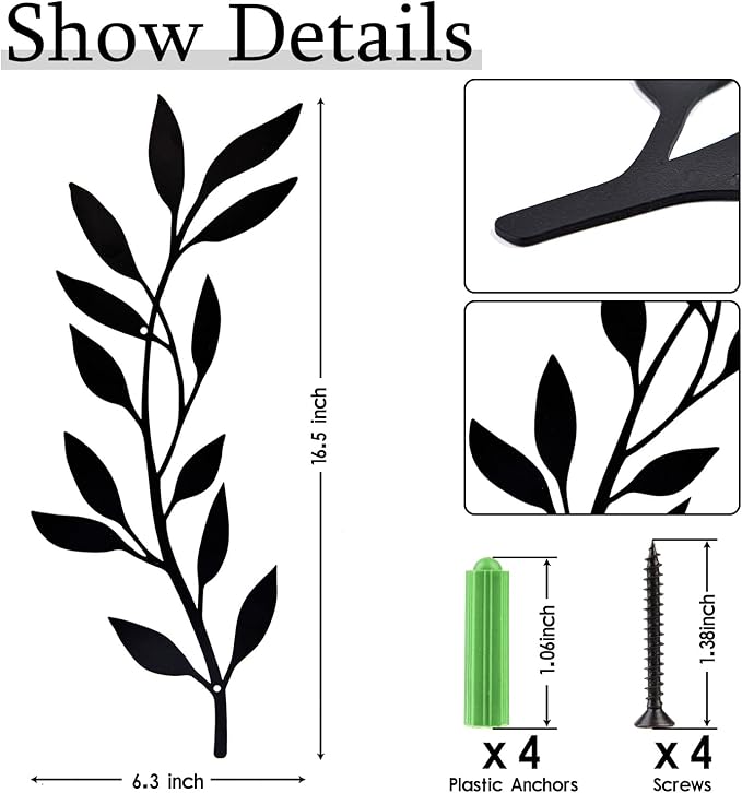 Metal Tree Leaf Wall Decor 2 PCS Rustic Vine Branch Leaf Wall Art for Living Room Bedroom Bathroom Decorations - Black