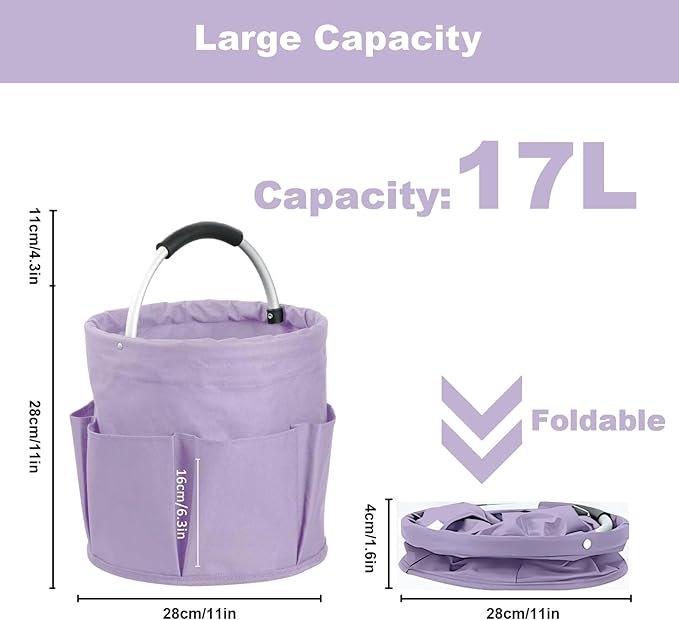 Cleaning Caddy with Handle, Cleaning Products Organiser, 17L Foldable Storage Basket, Cleaning Caddy Organiser, Portable Multi Cleaning Bucket Bag for Home, Garden (Purple)