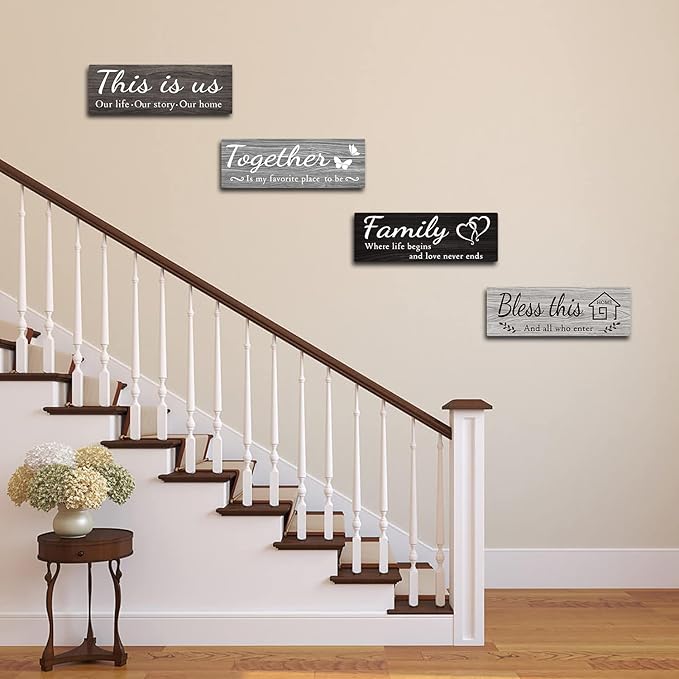 4 PCS Home Wall Decor Signs, Rustic Wooden Living Room Hanging Decorations with Quotes THIS IS US/TOGETHER/BLESS THIS/FAMILY, Housewarming Gifts for Wedding Kitchen