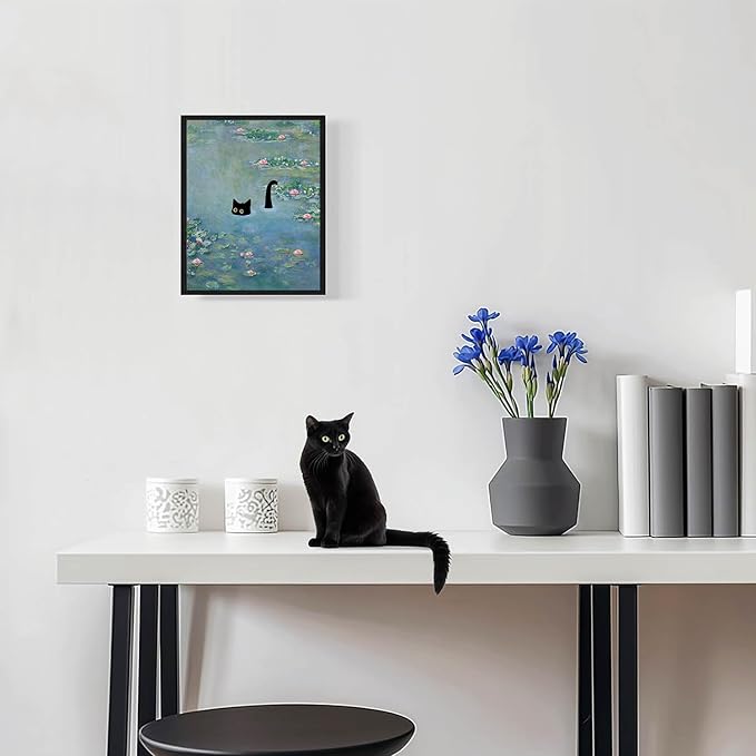 Hamduker Funny Black Cat Wall Art, Monet Art Water Lily Cat Wall Art Decor, Preppy Aesthetic Cat Posters for Bedroom Bathroom Living Room (Size: 16''x20''x1pcs)