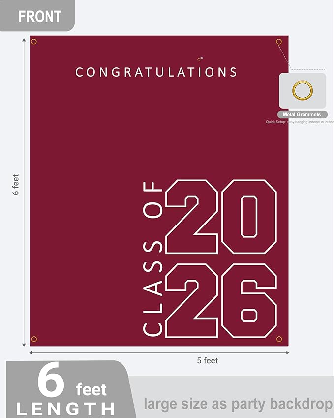Class of 2026 Graduation Banner 5X6feet - Large CONGRATS GRAD Polyester Banner, Photo Backdrop & Wall Decor for Commencement Party Supplies, Marnoon and White Graduation Party Decorations for High School & College