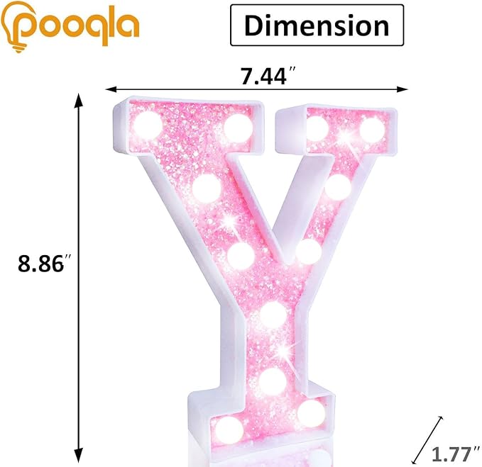 Pooqla LED Marquee Letter Lights, Light Up Letters Glitter Letter Sign Girls Gift, Battery Powered Night Light Pink Birthday Party Room Wedding Christmas Girls Bedroom Dorm Decoration, Cool White Y