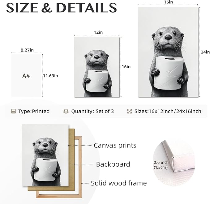 IAFWZX Framed Funny Bathroom Wall Art, Black and White Otter Holding Toilet Paper Wall Decor, Cute Animal Wrapped Canvas Painting, Humor Otter Poster Print for Restroom Guest Bedroom 16"x24"