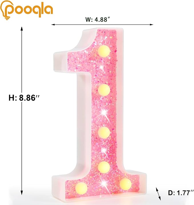 Pooqla Marquee Numbers Lights, light up Numbers Battery Powered, Glitter Lighted Numbers for Girls 1st Birthday Party, Shiny LED Numbers for Christmas Wedding Home Bar Decoration, Pink Number 1