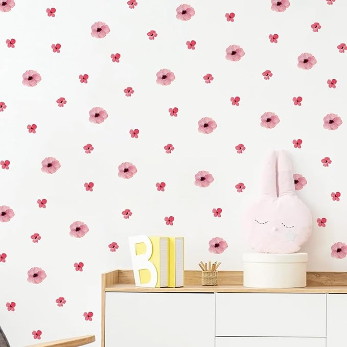 208Pcs Boho Flower Wall Stickers, Peel and Stick Pink Floral Wall Decals, Removable Neutral Watercolor Wildflower Blossom Window Clings for Girls Bedroom Living Room Offices Home Decoration