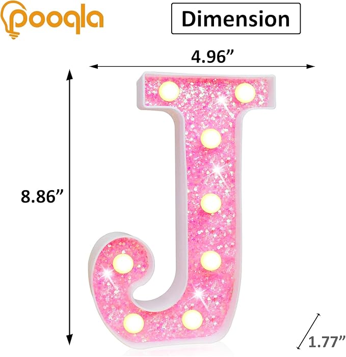 Pooqla LED Marquee Letter Lights, Light Up Pink Letters Glitter Alphabet Letter Sign Battery Powered for Night Light Birthday Party Wedding Girls Gifts Home Bar Christmas Decoration, Pink J