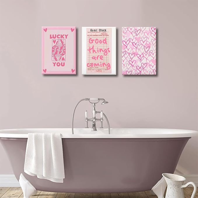 Djmwtb 3 Piece Canvas Wall Art Preppy Wall Decor Lucky You Pictures Hearts Prints Guest Check Painting Y2K Artwork for Bedroom Bathroom 12x16in Framed