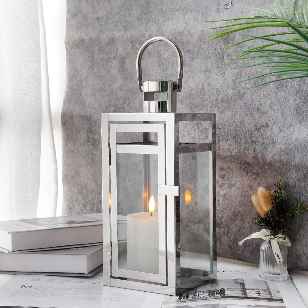 TRIROCKS Stainless Steel Decorative Lantern 12'' High Metal Hanging Lantern with Clear Glass Panels Perfect for Home Decor Living Room Parties Events Tabletop Indoors Outdoors (Silver)
