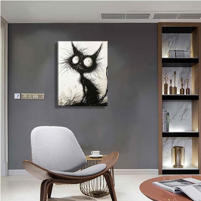 Funny Black Cat Canvas Wall Art Gothic Spooky Feline painting Decor Pictures Halloween Creepy Black And White Art Cat Posters Prints for Cafe Bar Living Room Restaurant Bedroom Decoration