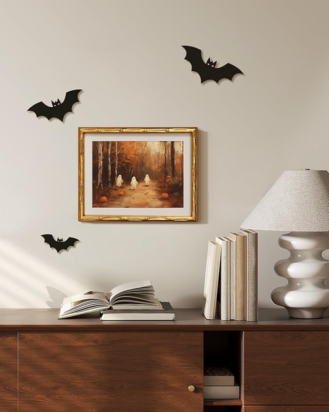 VIYYIEA Bamboo Detail Design Gold Framed Halloween Wall Art for Living Room, Three Ghost Wall Art, Halloween Home Decor Aesthetic Bathroom Bedroom, Office, Framed Ghost Artwork 11 x 14 Inch