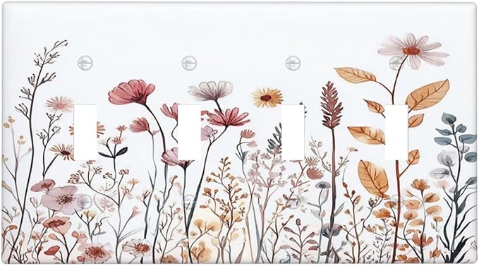 Light Switch Covers Spring Floral Pink Wildflower Leaves Plants Quad Toggle Electrical Faceplate 4 Gang Wall Plate Decorative Switch Plates For Home Bed Room Decor