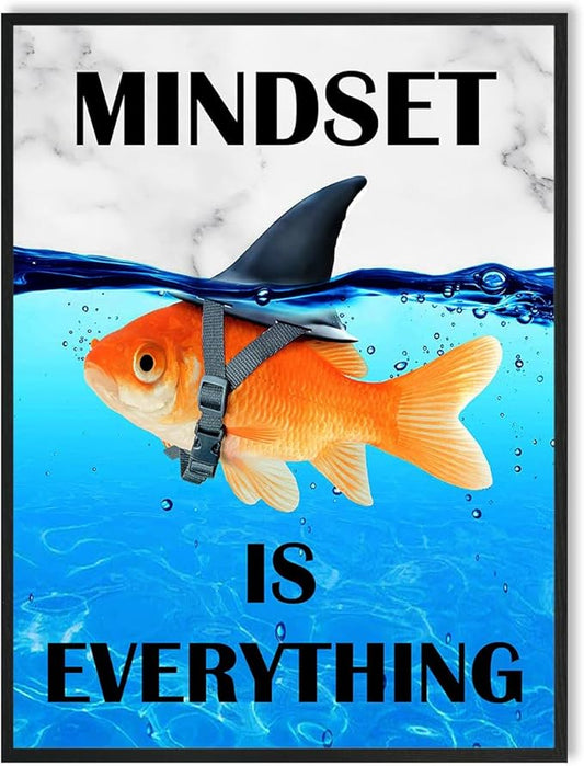 Mindset Is Everything Wall Art:Motivational Wall Decor for Office,Goldfish Prints Posters Inspirational Wall Art Framed,Uplifting Self Improvement Positive Quote Home Office Wall Art 12"x15"