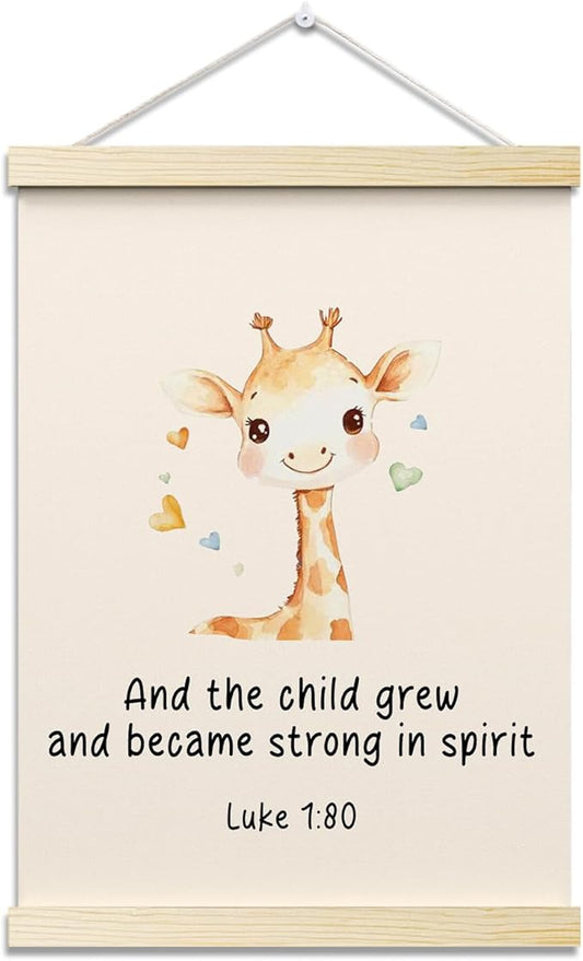 And The Child Grew and Became Strong In Spirit Christian Posters Hanger Frame Giraffe Hanging Poster for Nursery Classroom Decor Wall Art Decor for Kidroom Canvas Wall Art Print 16x12 - YY053