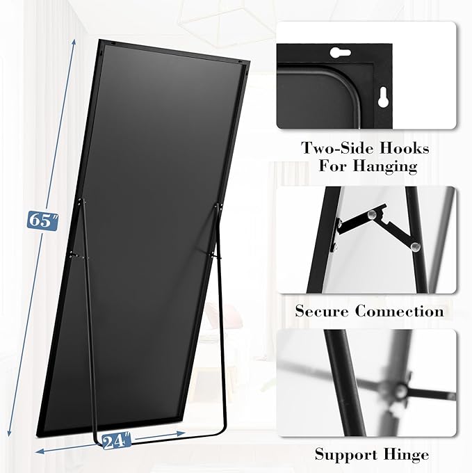 DUMOS Full Length Mirror with Stand, 65"x24" Floor Mirror with Aluminum Alloy Frame for Bedroom, Standing Full Body Mirror with Shatter-proorf Nano Glass for Wall, Living Room, Cloakroom, Black